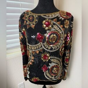 Scala 80's Vintage 100% Silk Sequined beaded blouse‎